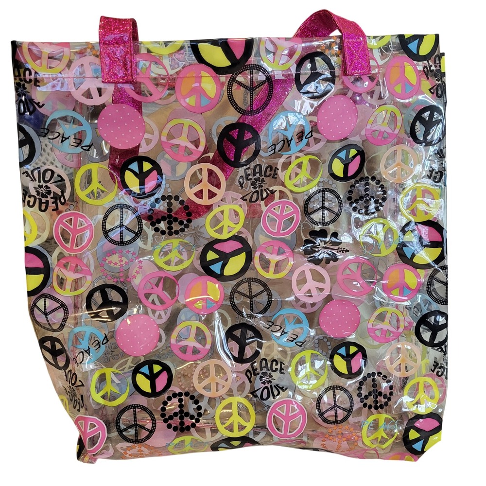 Clear Peace Sign Tote Bag Pink Glitter Handles Y2K Retro PVC NWOT